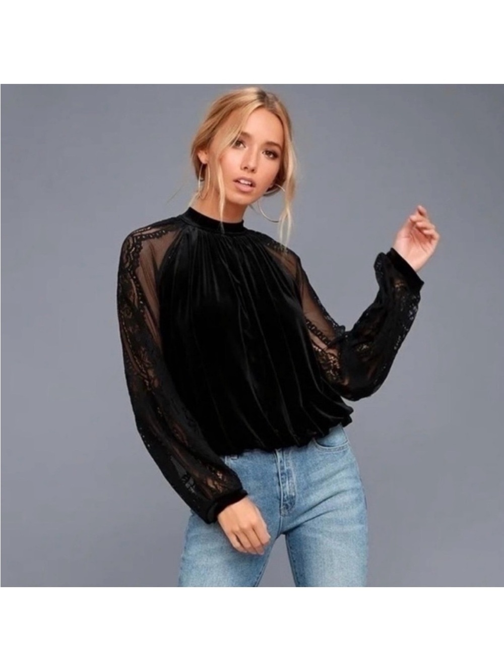 Free People Velvet and Sheer Lace Sleeve Black Blouson Top